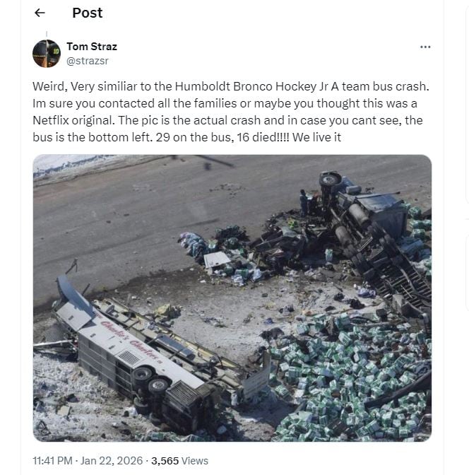 A screenshot showing the text from Tom Straschnitzki as well as an image of the wreckage of a bus crash.