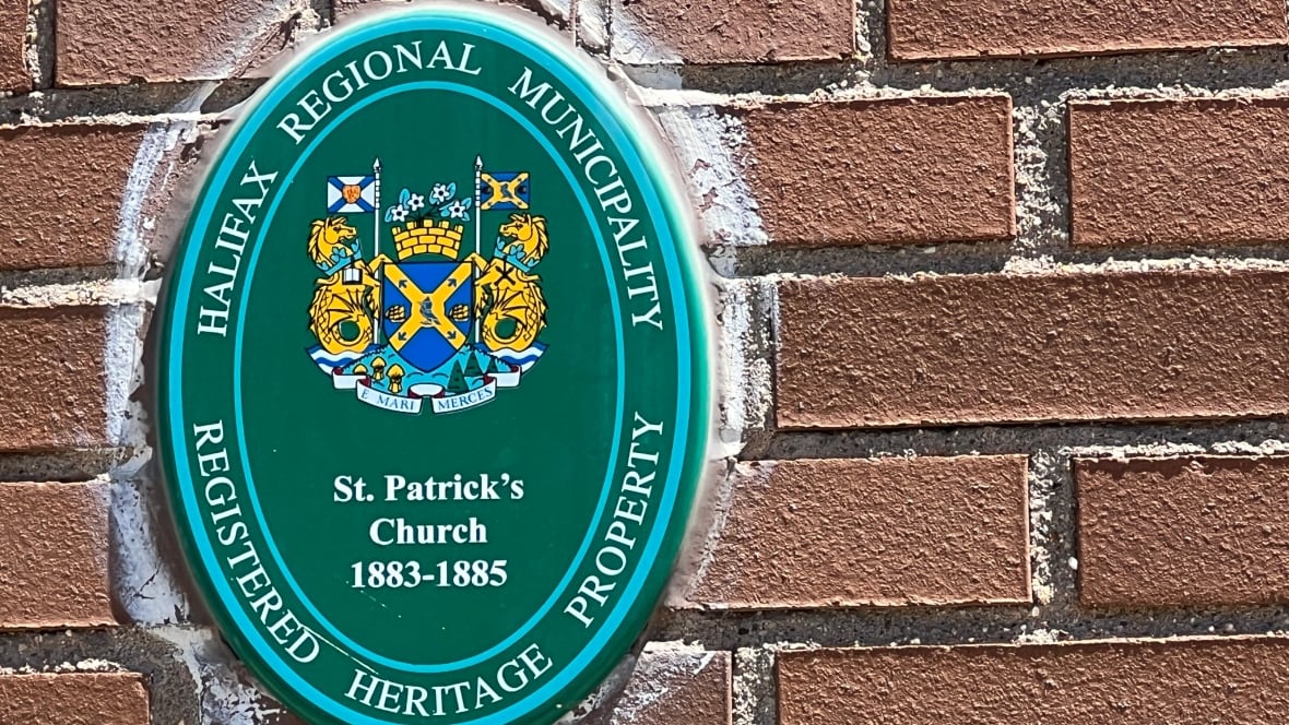 A heritage plaque on St. Patrick's CHurch, Halifax.