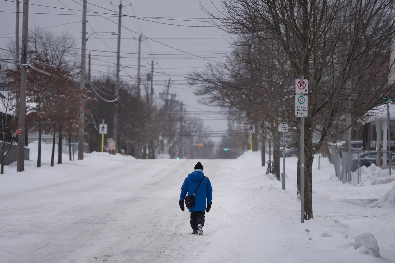 Someone in a blue winter jack walks down a snow-covered street