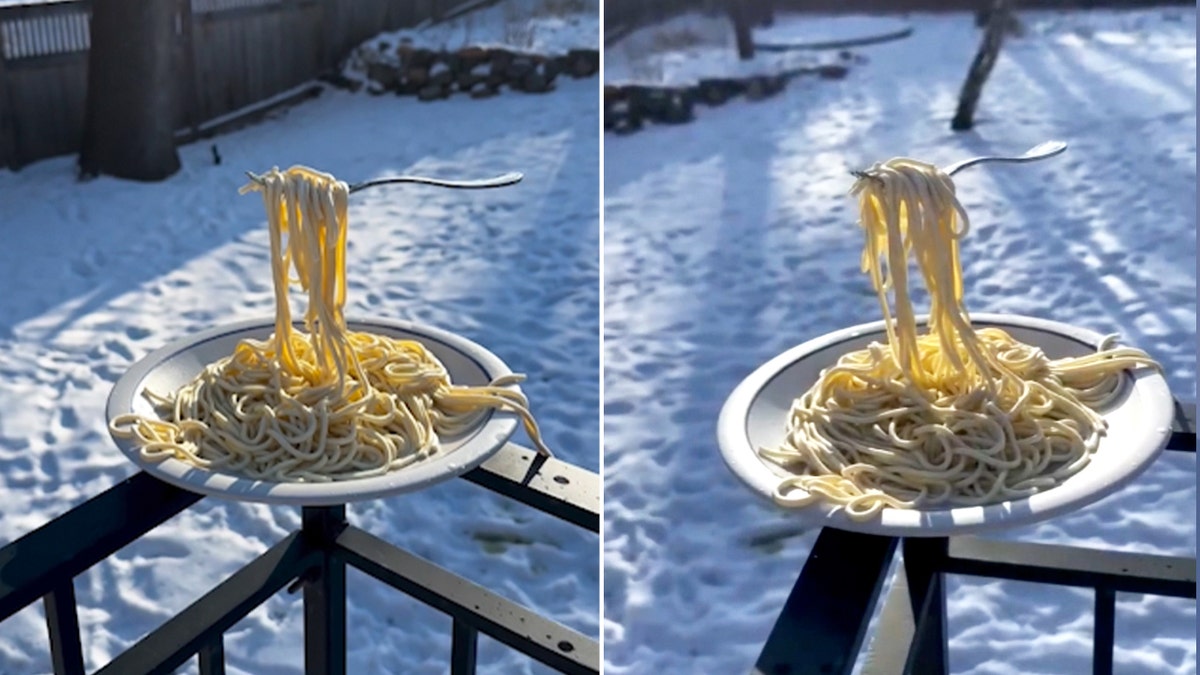Video screenshot shows a Minnesota resident using a simple pasta experiment to illustrate just how cold it is, as noodles and a fork freeze rapidly in the open air during a deep Arctic blast.