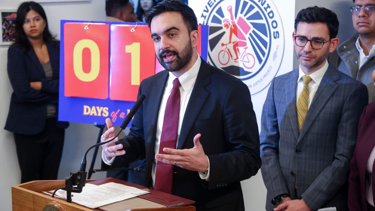 New York City Mayor Zohran Mamdani speaks at press conference defending delivery-app workers
