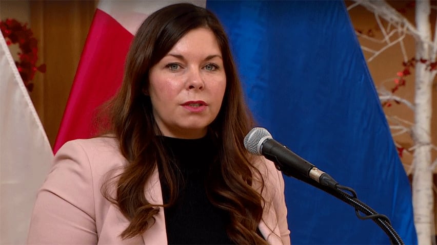 A woman with long brown hair, wearing a pink blazer and black top, speaking into a microphone.