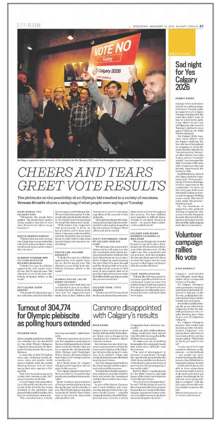 The Calgary Herald reported on the results of the 2018 plebiscite that asked Calgarians whether they wanted to support a bid for the 2026 Winter Olympics.