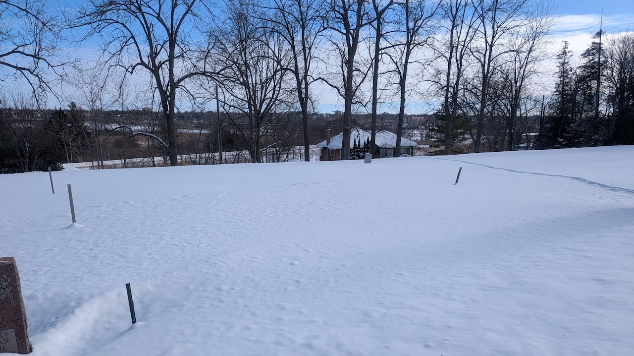 This section of the cemetery at Cataraqui Cemetery and Funeral Services in Kingston is reserved in part for unclaimed bodies. 'We have to use stakes to find the plots in the winter due to the lack of headstones,' general manager Craig Boals says. 