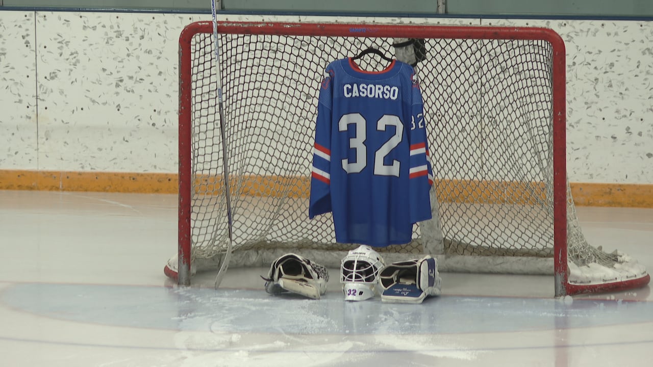 A blue hockey jersey hanging from the net's crossbar.