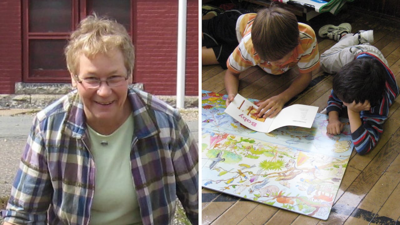 A photo composite that shows a woman with short hair and glasses on the left and two young boys reading a book together on the right. 