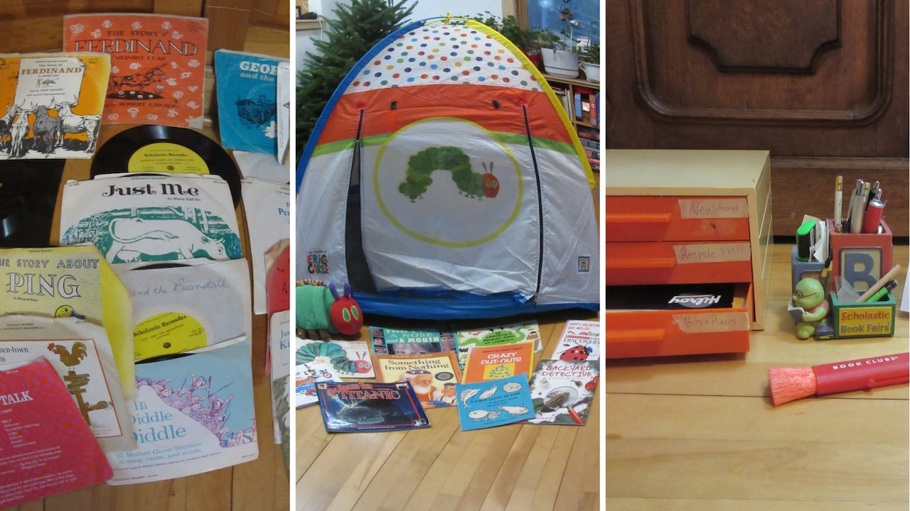 A photo composite that shows vintage Scholastic books, a tent with a caterpillar on it, and vintage trinkets and merchandise. 