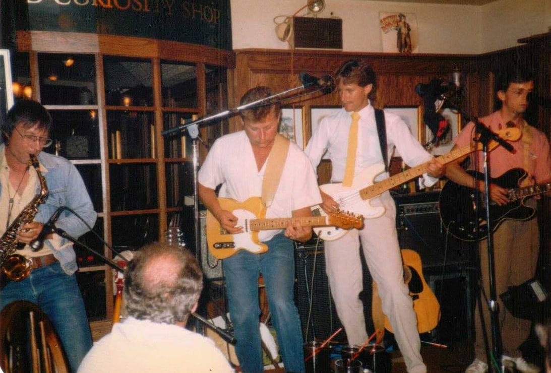 Three old photos of a band playing in a bar in the 19970s.
