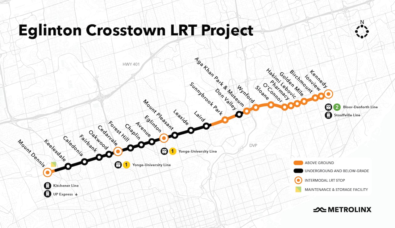 Map of Eglinton Crosstown LRT route