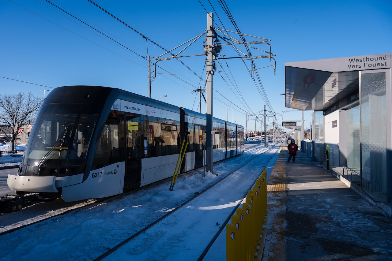 Light-rail transit train leaving station