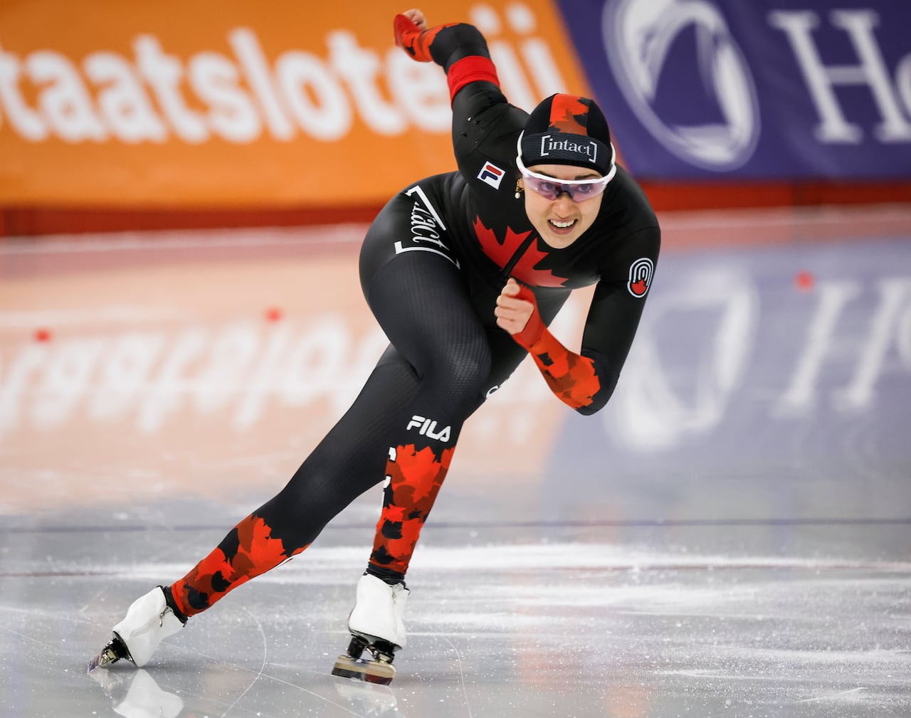 A speed skater competes.