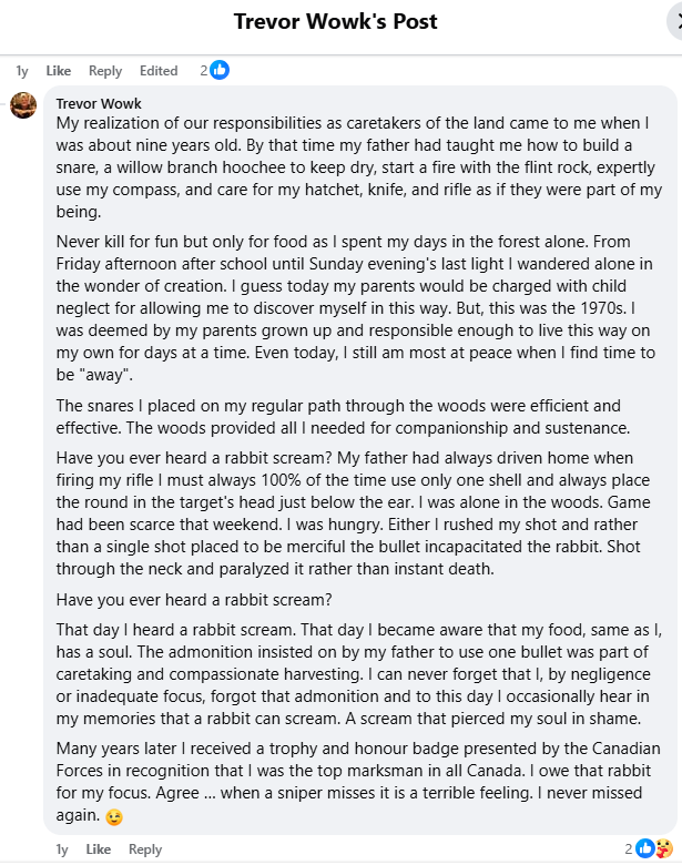 A post of Trevor Wowk's Facebook page. 