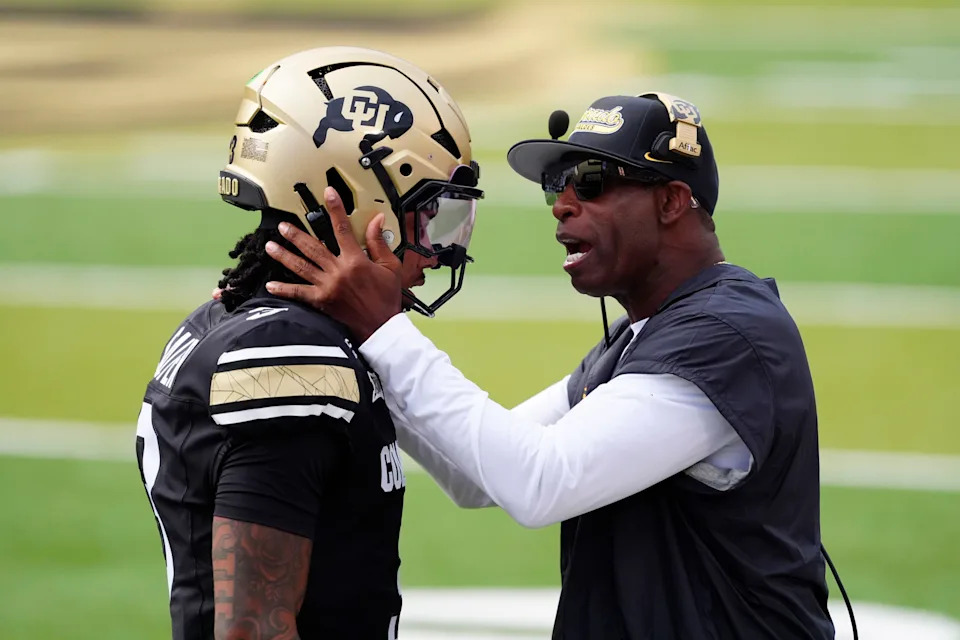 <p>Aug 29, 2025; Boulder, Colorado, USA; Colorado Buffaloes head coach Deion Sanders congratulates Colorado Buffaloes quarterback Kaidon Salter (3) following a touchdown pass in the first quarter against the Georgia Tech Yellow Jackets at Folsom Field. Mandatory Credit: Ron Chenoy-Imagn Images</p>