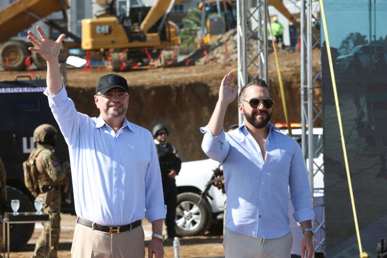 Rodrigo Chaves and Nayib Bukele wave from the construction site of a prison