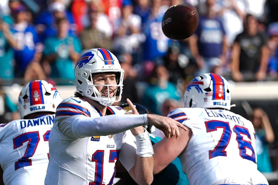 Buffalo Bills quarterback Josh Allen (17) passes during the thrid quarter in an NFL football AFC Wild Card playoff matchup, Sunday, Jan. 11, 2026, in Jacksonville, Fla. Bills lead 10-7 at the half over the Jaguars. The Bills defeated the Jaguars 27-24. [Doug Engle/Florida Times-Union]