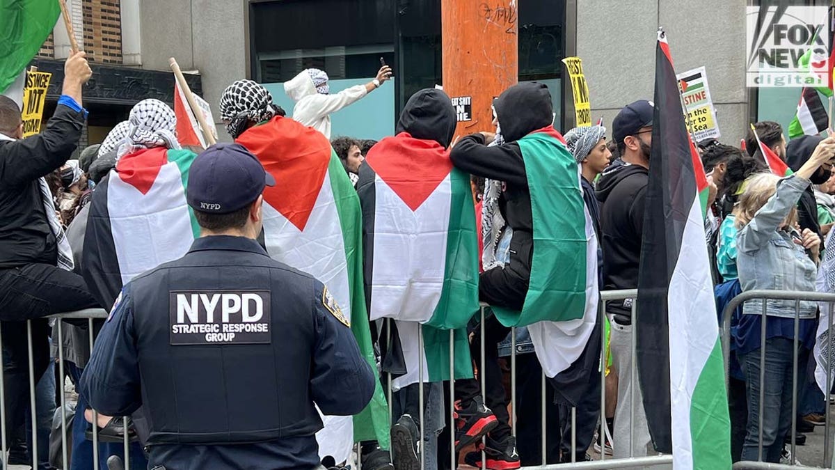 Pro-Israeli and Pro Palestinian protesters close to the Israeli Consulate in Manhattan, NY at the Democratic Socialists of America protest in solidarity with the Palestinians.