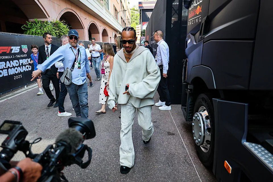Lewis Hamilton pictured in the paddock at the Monaco Grand Prix in 2025 wearing a matching outfit.