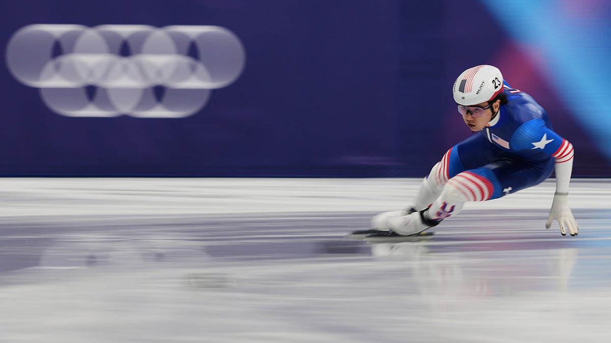 Brandon Kim races around the track