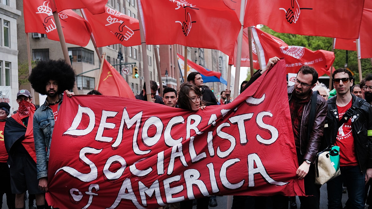 Members of the Democratic Socialists of America rally in New York City
