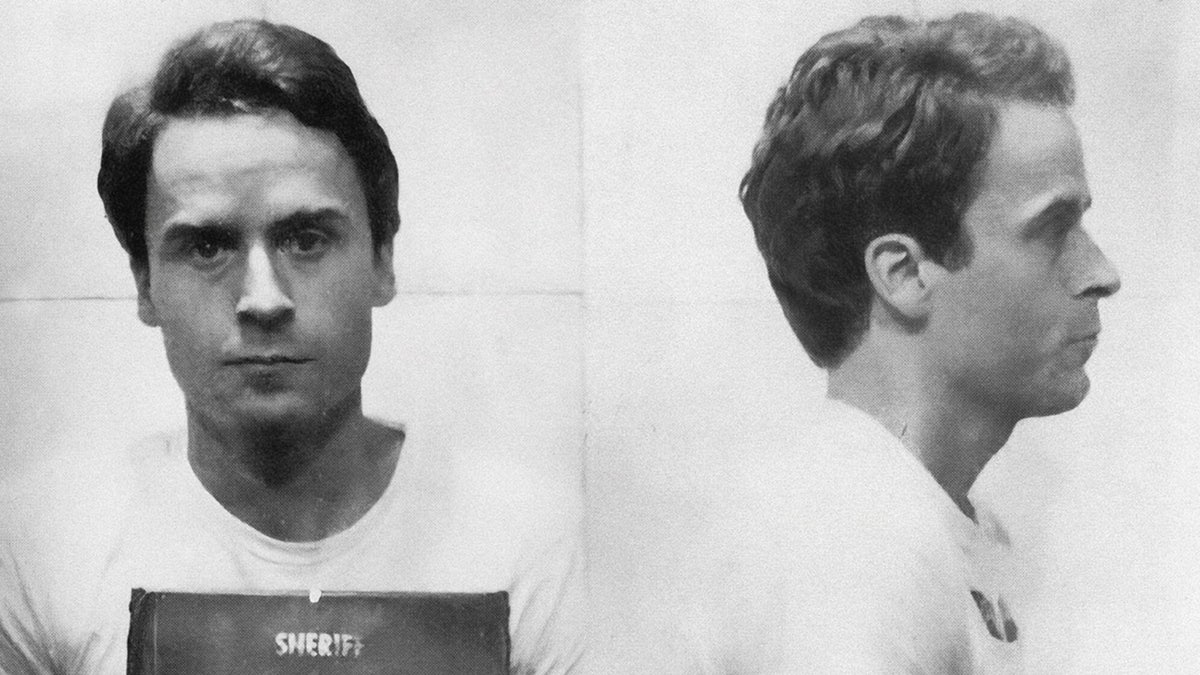 Split side-by-side mugshot of Ted Bundy.