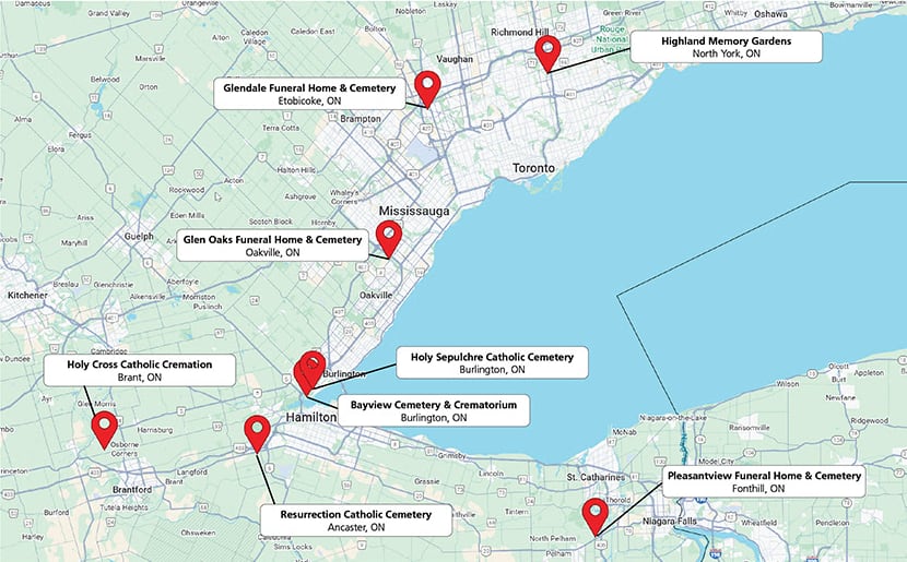 A map showing 8 cemetery sites linked to a string of thefts across southern Ontario.