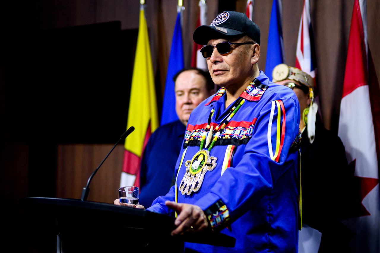 Chief Gary Quisess of Neskantaga First Nation speaks during a press conference on Parliament Hill in Ottawa, on Wednesday, Dec. 3, 2025. 