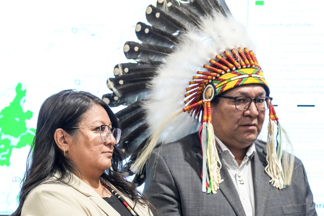 Webequie First Nation Chief Lorraine Whitehead and Marten Falls First Nation Chief Bruce Achneepineskum attend an announcement about the Ring of Fire at the Prospectors and Developers Association of Canada (PDAC) convention in Toronto 