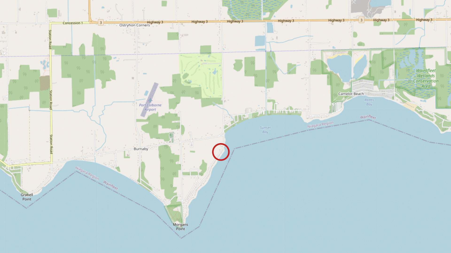 A GIF of a map of the north shore of Lake Erie in the Niagara region turns from white to green as the green moves across the map left to right.