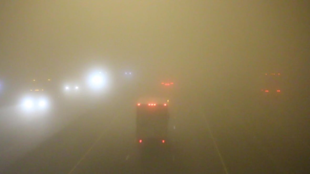 A school bus and other vehicles shown during thick fog in Ontario.