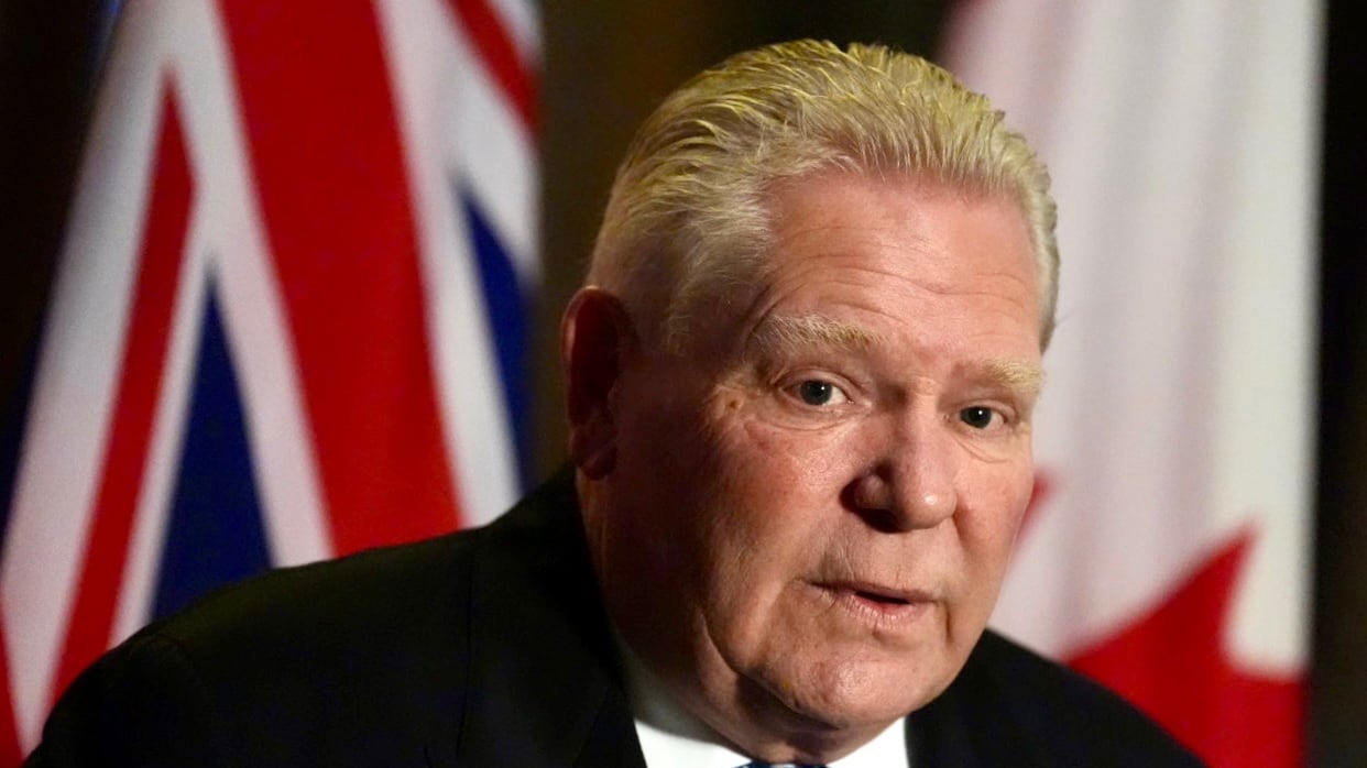 Ontario Premier Doug Ford speaks at Queen’s Park in Toronto on Feb. 10, 2026, after U.S. President Donald Trump threatens to keep the Gordie Howe International Bridge, which links Ontario and Michigan, from opening. 