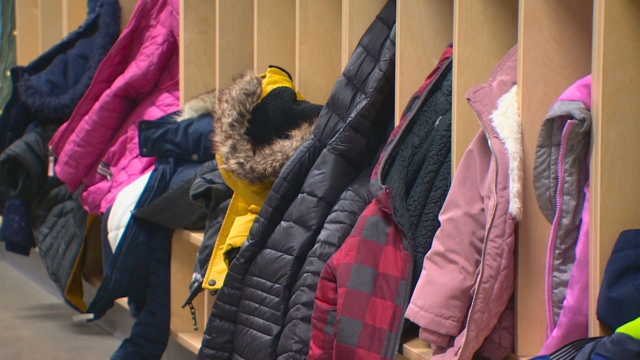 Children's coats in the hallways in one Alberta school.