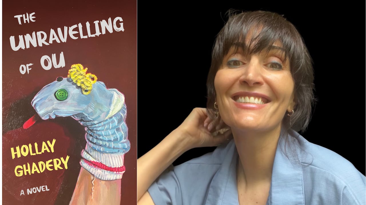 A book cover of a sock puppet. A headshot of a woman with bangs smiling against a black backround.