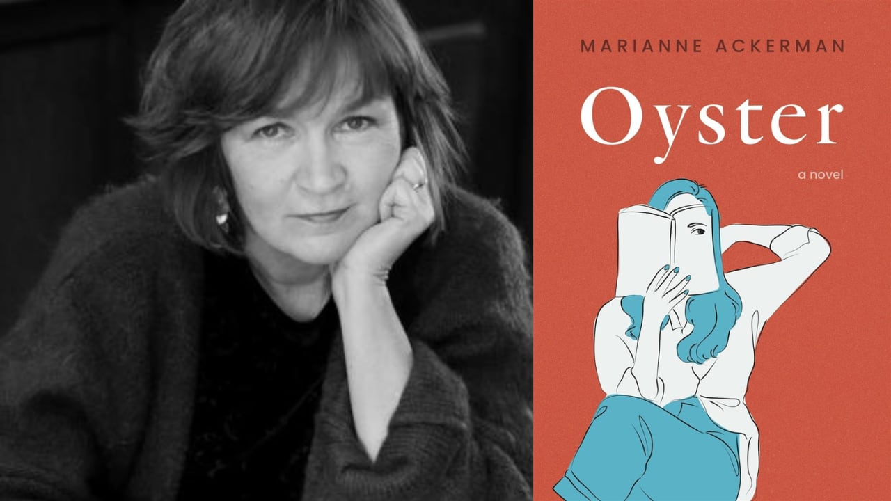 A black and white photo of a woman leaning her chin on her left hand and a red book cover with a white and blue image of a woman reading a book.