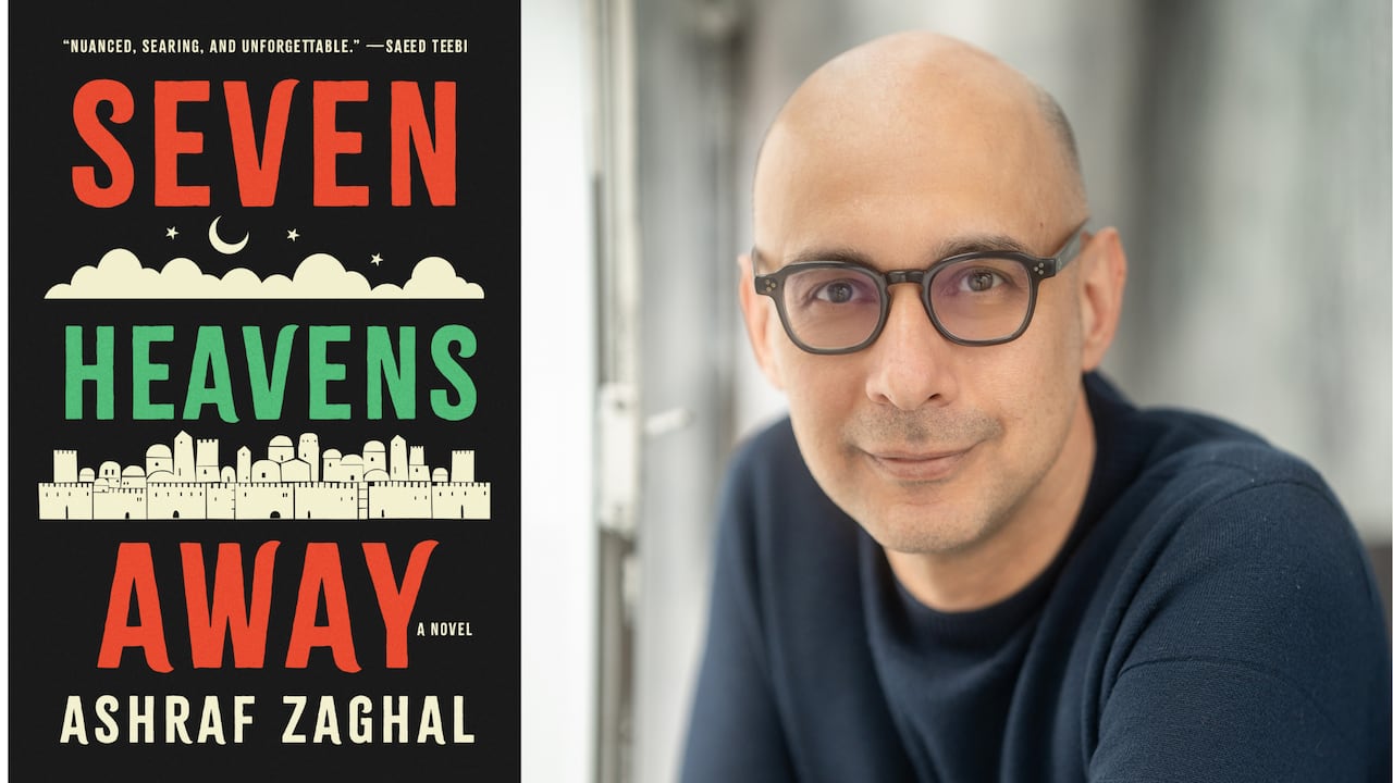 A black book cover with red and green writing with an illustrated skyline of Jerusalem. A headshot of a bald man wearing glasses.