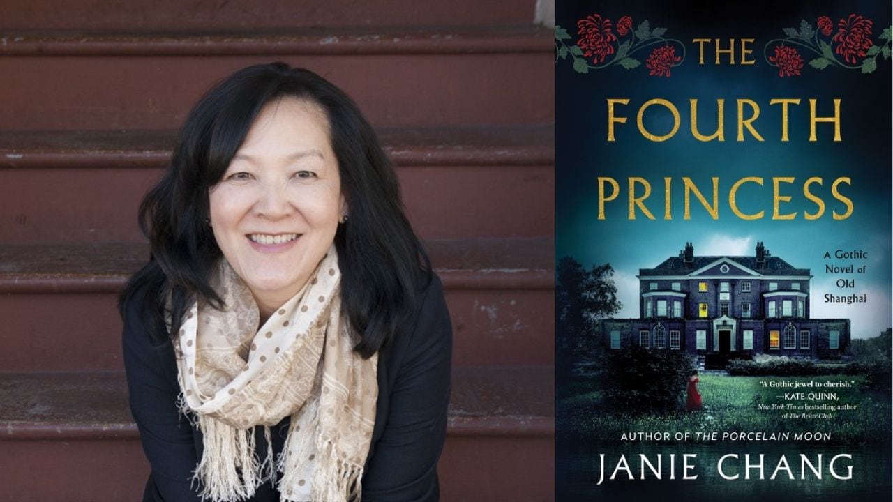 A smiling woman leaning forward with a white scarf around her neck and a book cover with dark book cover with a mansion. 