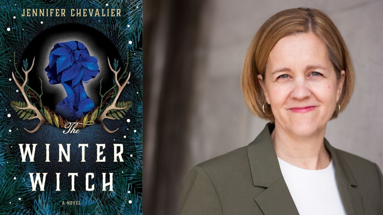 A primarily blue book cover with antlers and leaves and a headshot of the author