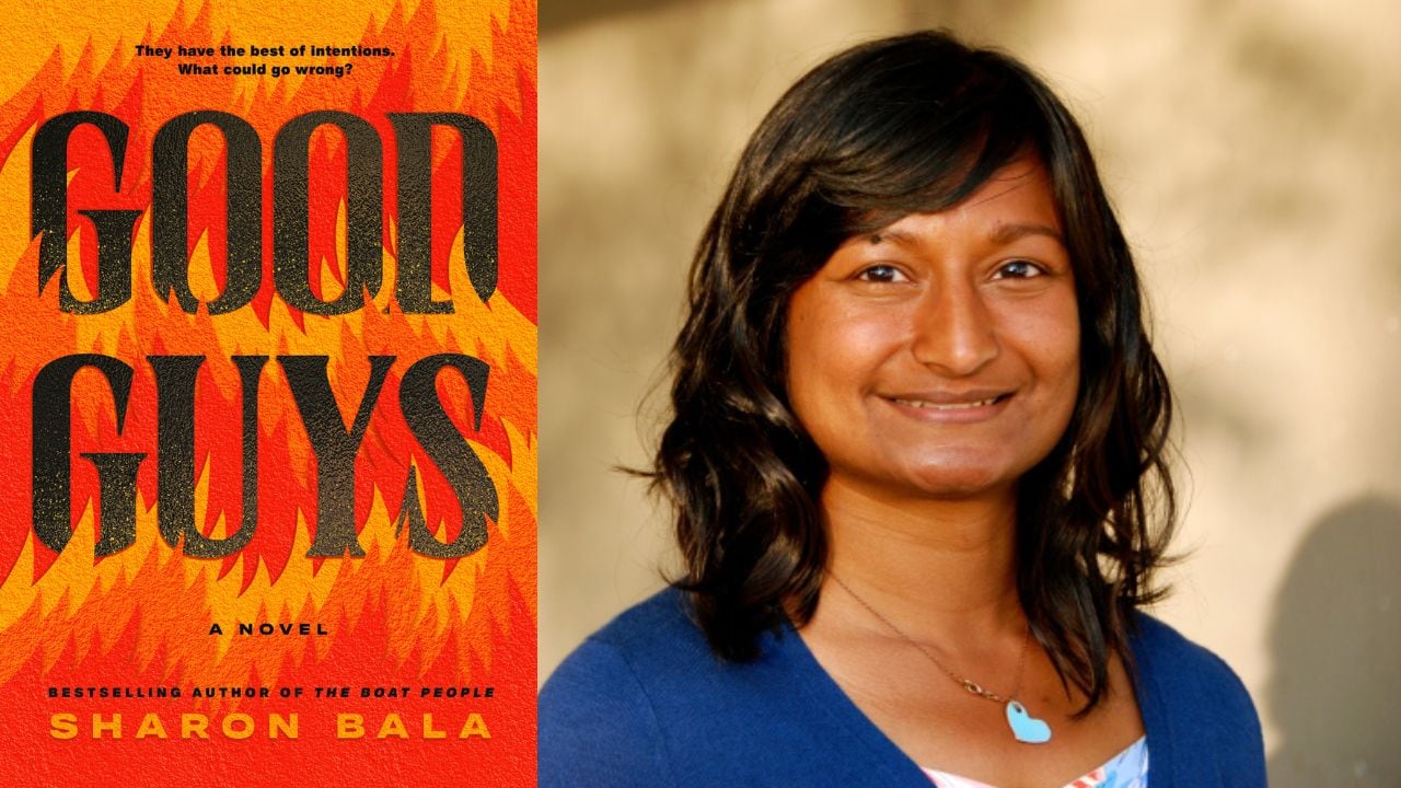 A book cover with black text over red, yellow and orange flames and a headshot of a woman in a blue shirt with black hair