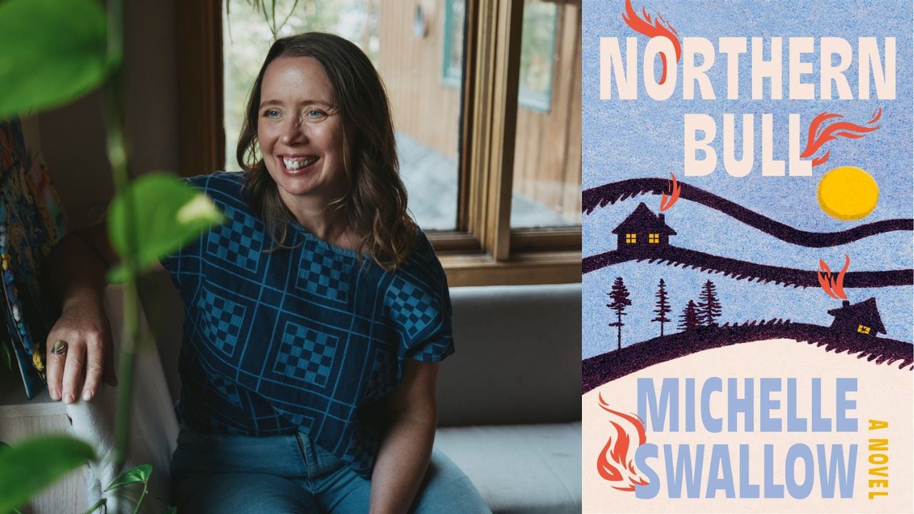 A smiling woman in a blue shirt and a book cover with simplistic art of the sun and two houses with flames spouting from their chimneys.