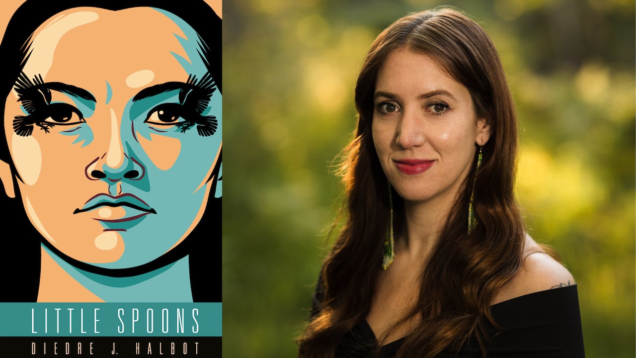 A book cover of a cartoon woman with eye makeup in the shape of ravens. A headshot of a woman with long brown hair and beaded earrings.