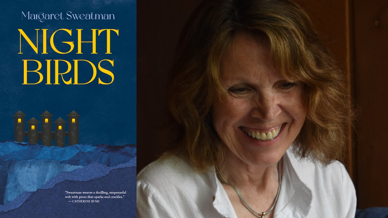 A blue book cover with five towers in the distance. A headshot of a woman with brown hair smiling.