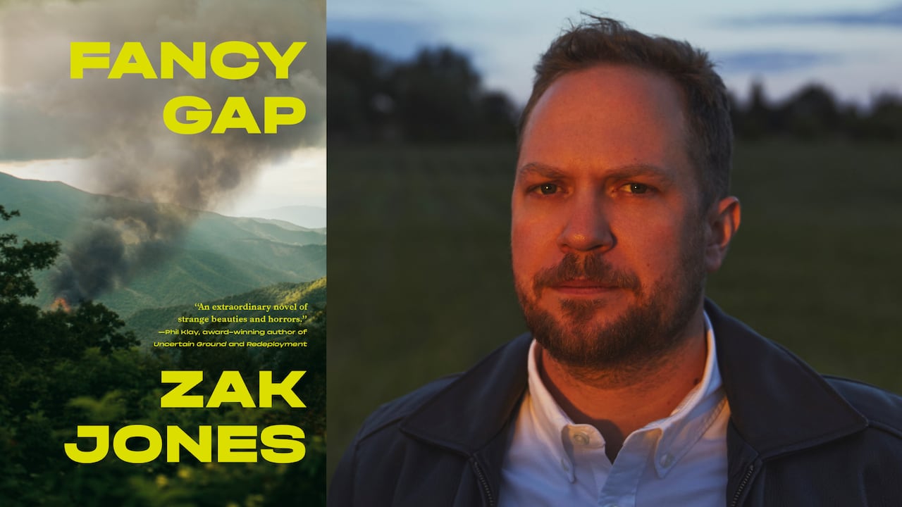 A book cover of a smoking landscape. A headshot of a man in a green field.