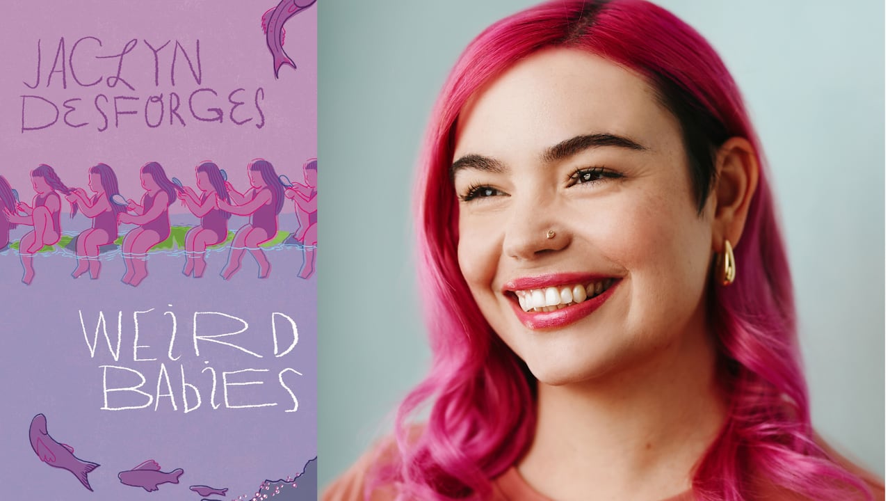 A purple cover of cartoon tiny girls in a line brushing each other's hair. A headshot of a woman with pink hair smiling and looking left.