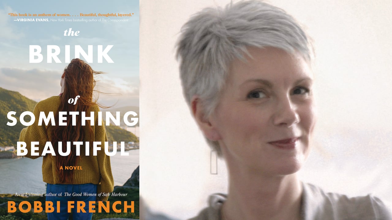 A book cover of a woman looking at a body of water over a mountain. A headshot of a woman with a grey pixie cut.