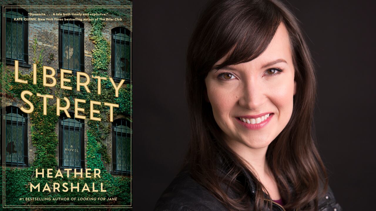 A book cover of a woman looking out of a building covered in vines. A headshot of a woman with brown hair smiling.