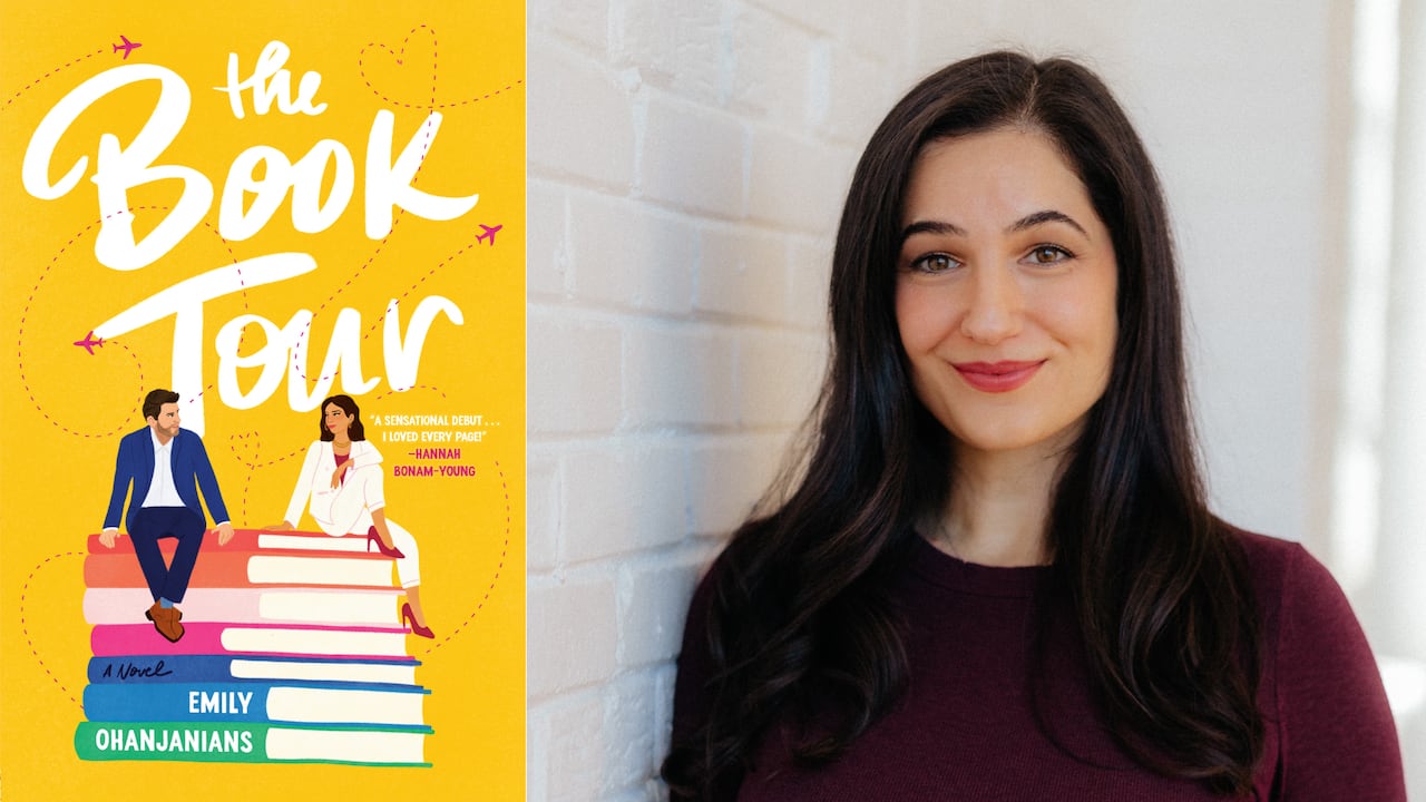 A yellow book cover of a man and woman sitting on a stack of colourful books. A headshot of a woman with long brown hair.