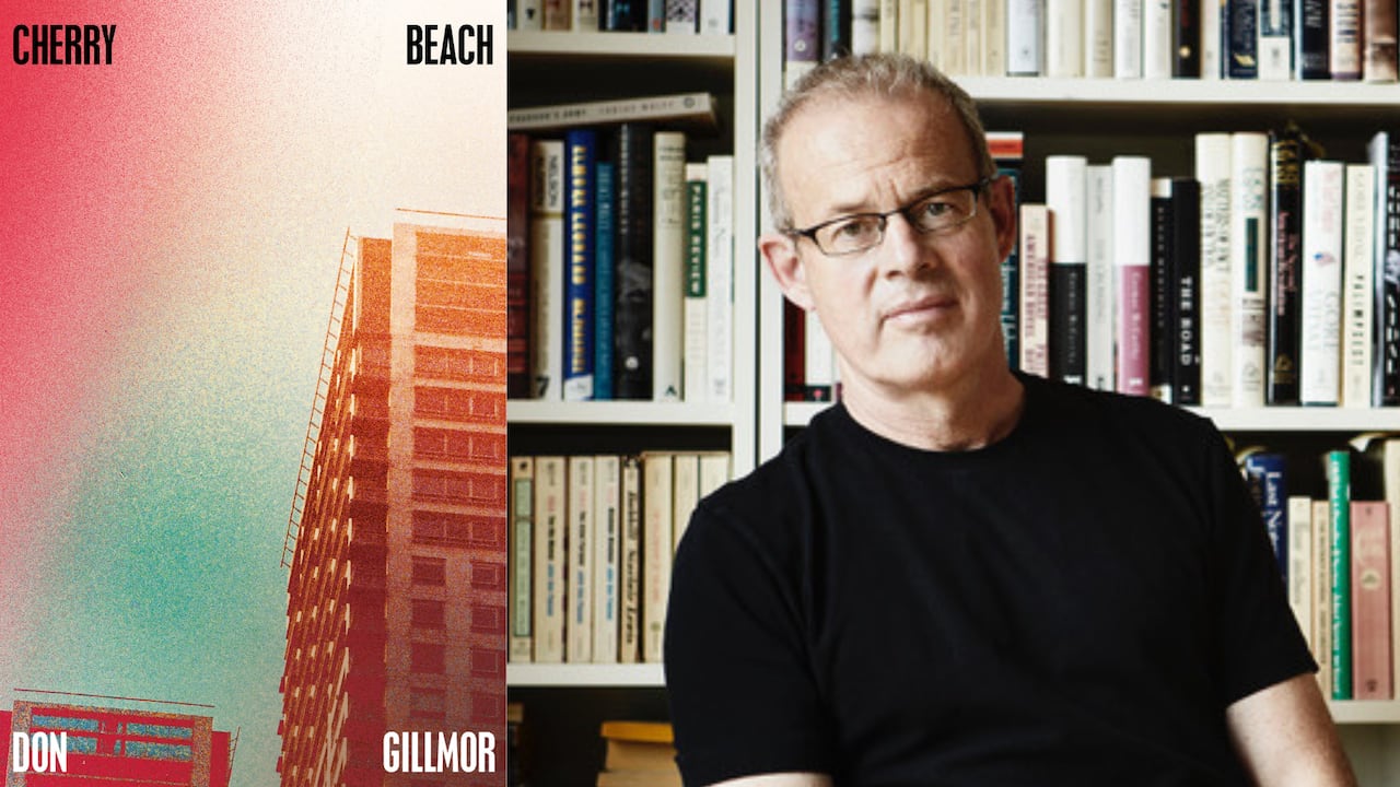 A book cover of a building with a red and blue filter. A headshot of a man with grey hair and glasses in front of a bookshelf.