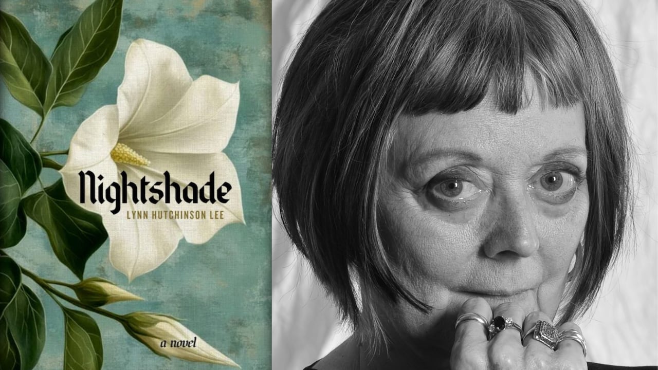 A book cover of a white flower. A headshot of a woman with a grey bob wearing a statement necklace.