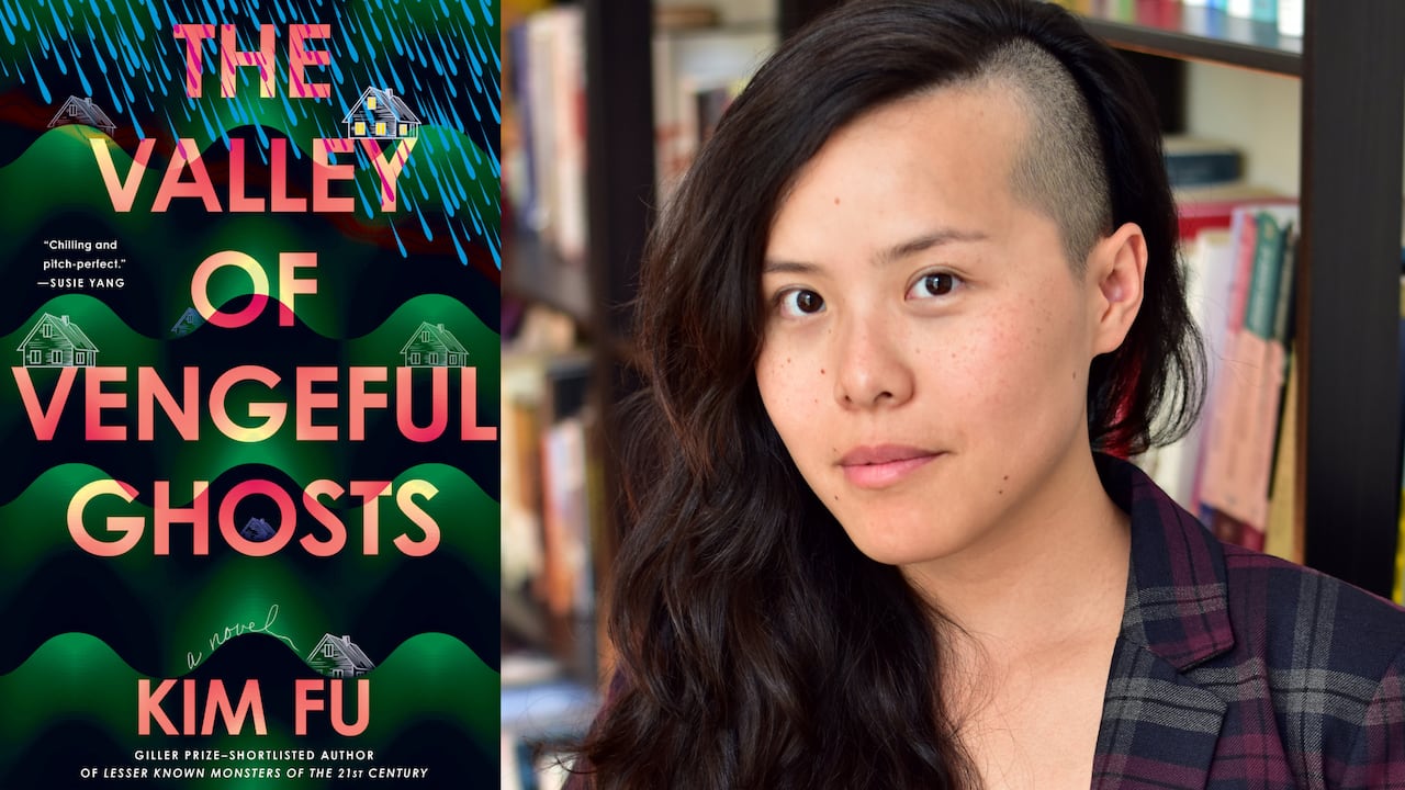 A green book cover with rain drops and cartoon houses. A book cover of a person with long hair and a half-shaved head.