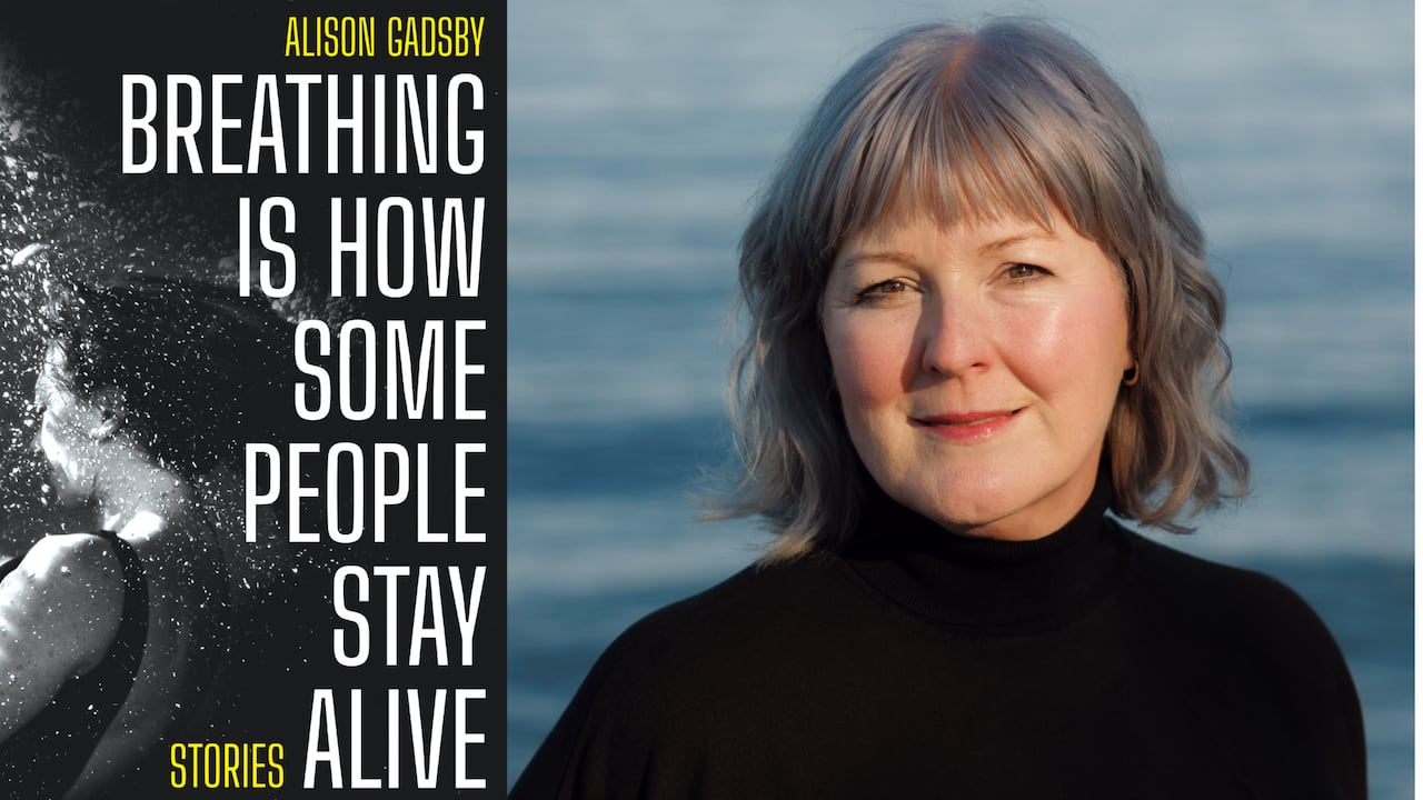 A black and white book cover of a woman underwater. A headshot of a woman with grey hair smiling in front of a body of water.