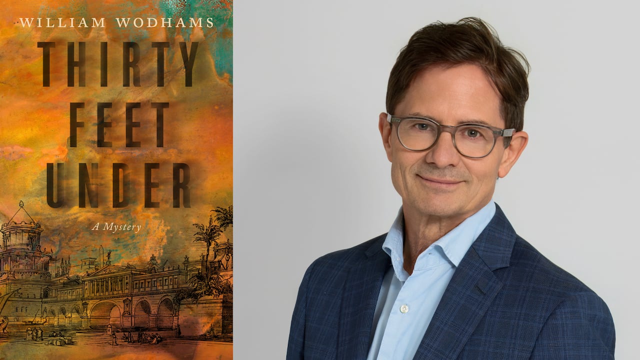 A book cover of an old time port. A headshot of a man with brown hair and glasses. 